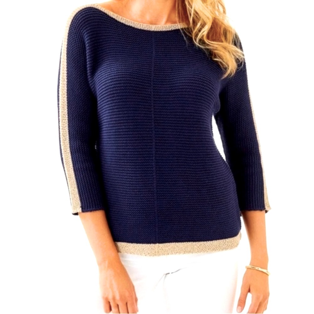 LILLY PULITZER Open‎ Knit Sweater Deona Cotton Navy Gold Pullover Boat Neck XS